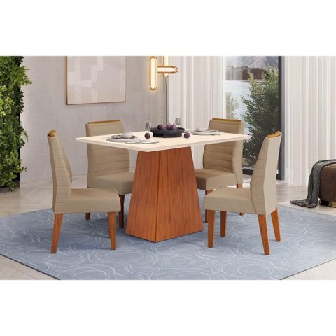 Conjunto: Mesa de Cozinha Dulce c/ Tampo Madeirado c/ Vidro Reto 120x90cm e 4 Cadeiras Ondina Freijo