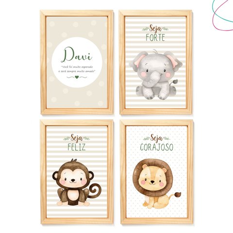Quadro Decorativo Infantil Safari Baby Aquarela Bege:pinus