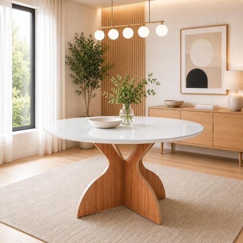 Mesa de Jantar Dalla Costa 4 Lugares Redonda com Tampo de Vidro 115cm Off White com Freijó