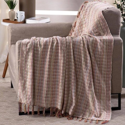 Manta para Sofá Italiana Off White Multicor Fastlar Manta 100% Algodão 135x200cm