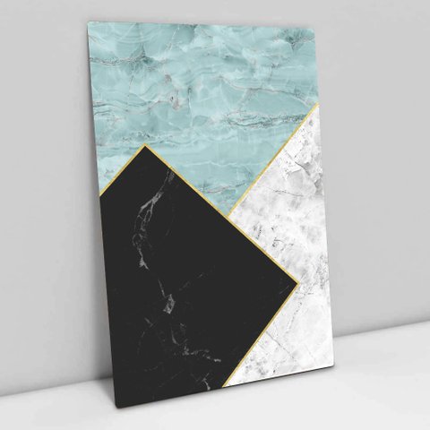 Quadro Decorativo em Canvas Geométrico Efeito Mármore Azul, Preto e Branco TaColado Chassi 120 x 80c