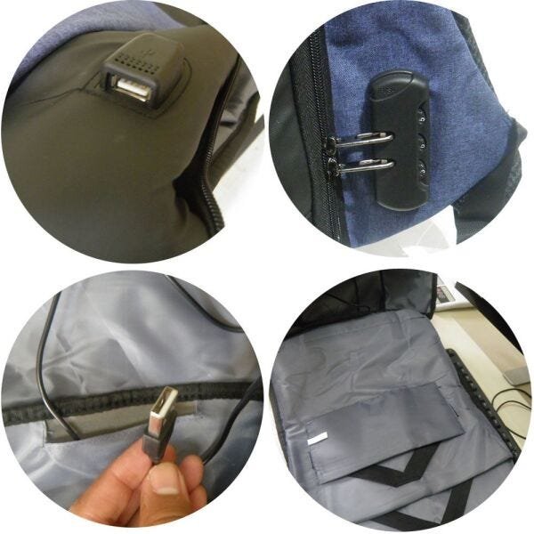 Mochila Usb Anti Roubo Furto Com Cadeado Leptop Carregador Cinza - 6