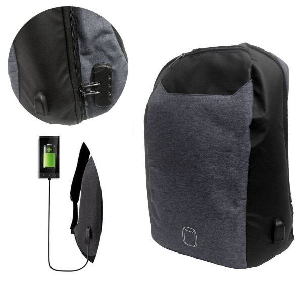Mochila Usb Anti Roubo Furto Com Cadeado Leptop Carregador Cinza - 1