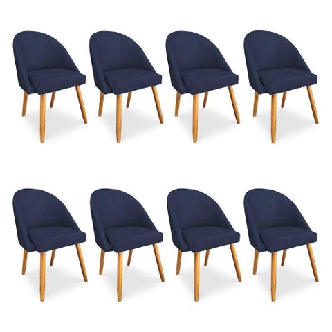 Kit 8 Cadeiras de Jantar Bela Veludo Azul Marinho Pés Palito Castanho - Pallazio
