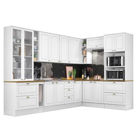 Cozinha Completa de Canto Americana 10 Peças Branco com Cristaleira e Tampo Nature - Móveis Henn