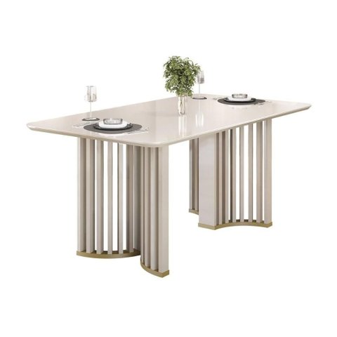 Mesa de Sala Jantar Luma C/ Tampo Madeirado C/ Vidro Curvo 170x90cm Off White/off White - Dj Móveis