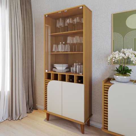 Cristaleira com Adega Jurere 02 Portas e 02 Portas de Vidro Naturale Off White Matte Colibri