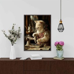 Quadro Atelier de Costura Vintage - Gatinha 45x34cm - com Vidro:moldura Branca - 1