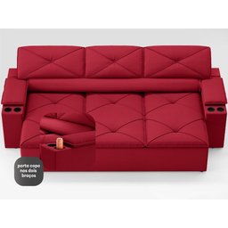 Sofá com Porta Copos Retrátil e Reclinável Pop 2,05m Velosuede Vermelho - Netsofas - 5