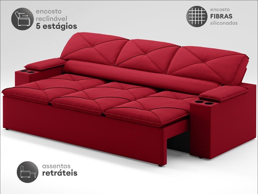 Sofá com Porta Copos Retrátil e Reclinável Pop 2,05m Velosuede Vermelho - Netsofas - 3