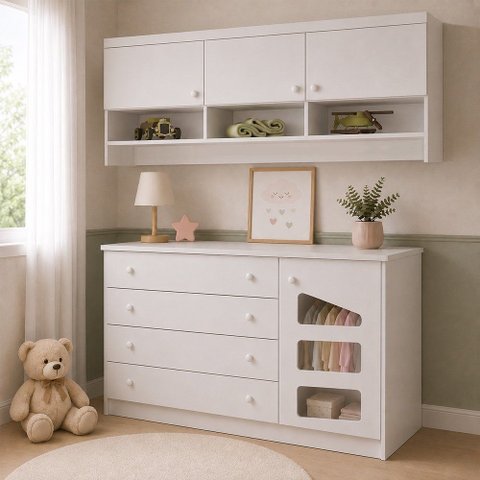 Módulo Aéreo 3 Portas com Cômoda Sapateira Infantil 1 Porta 4 Gavetas Eloisa Branco Phoenix Baby