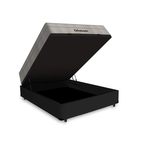 Cama Box Baú Casal 138 Tecido Sintético Preto com Colchão Ortobom Airtech Spring Pocket D26 Bege 70x
