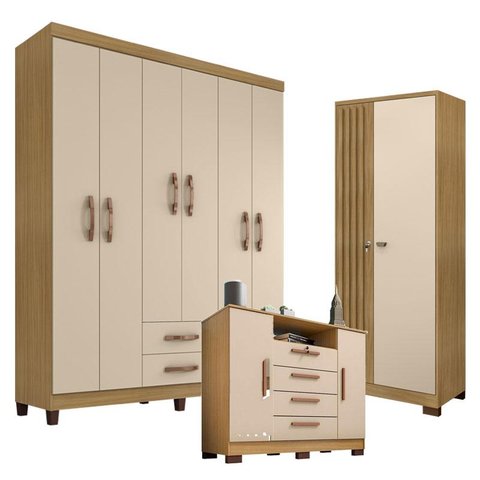 Guarda Roupa Casal Modena 6 Portas com Cômoda Madri e Armário Multiuso Versatile 2 Portas com Chave 
