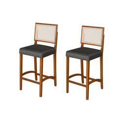 Kit 2 Banquetas Alta Roma Rattan Luxo Balcão Banco Pés Madeira em Madeira Maciça Premium Cor Cinza - 1