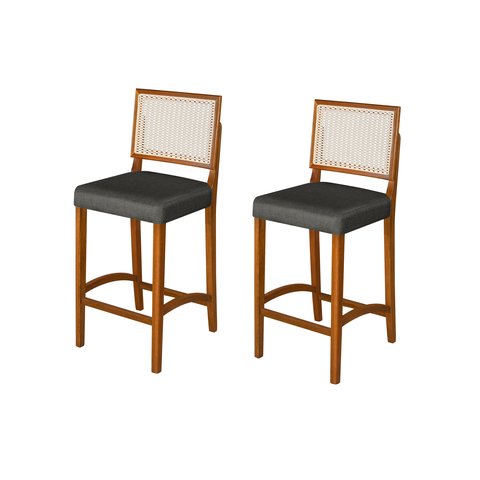 Kit 2 Banquetas Alta Roma Rattan Luxo Balcão Banco Pés Madeira em Madeira Maciça Premium Cor Cinza