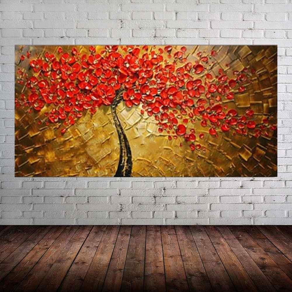 Quadro Pintura Tela Arvores e Flores Modernas Em Altos Relevos 2061: 70cm (A) x 140cm (L) - 1