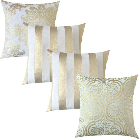 Kit 4 Capas de Almofadas Luxo Composê Adamascado, Listrado e Medalhão Branco e Dourado 45x45cm Sua C