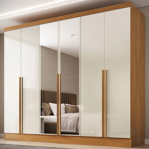 Guarda-Roupa 100% MDF 6 Portas 3 Gavetas com Espelhos Lisboa Yescasa Bege/Cinamomo/Off White