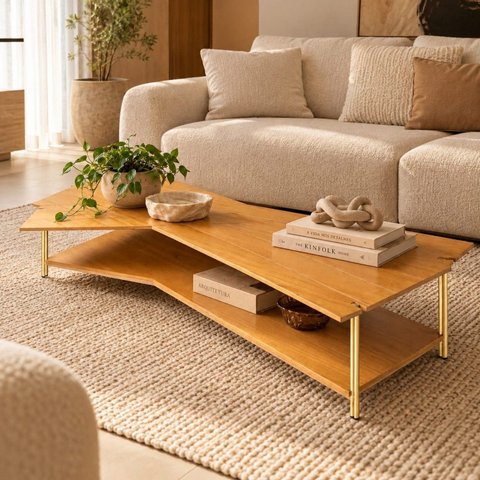 Mesa de Centro Caribe 170cm em Madeira Laminada Mel com Metal Gold