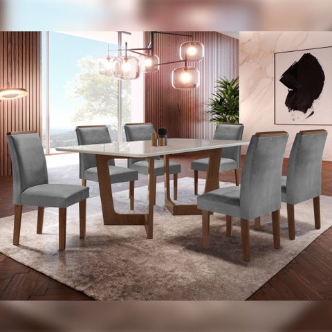 Conjunto Sala de Jantar Nápoles Tampo Vidro/MDF com 6 Cadeiras Luísa Smart Plus Cel Móveis