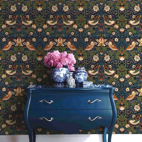 Papel de Parede Floral com Pássaros Azul Escuro+ Cola Inclusa