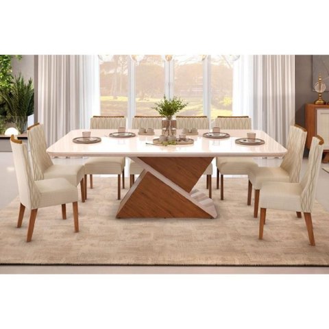 Sala de Jantar Zafira Tampo Madeirado com Vidro Curvo 200x100cm e 8 Cadeiras Jade Freijo Off White