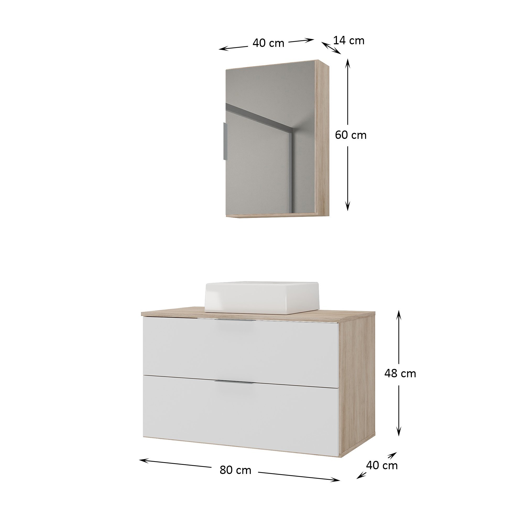 Kit Gabinete Banheiro Rubi 80cm - Gabinete + Cuba + Espelheira - Madeirado/branco - 4