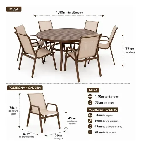 Ver imagem 4 de 6 Cadeiras C/ Mesa 1,40m Alumínio - Sarah Móveis Marrom Fosco Tela Capuccino