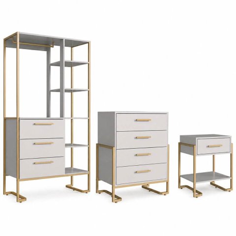 Jogo Quarto 3PÇS Industrial Closet Cômoda Mesa de Cabeceira Arena Dourado Placa e Ponto