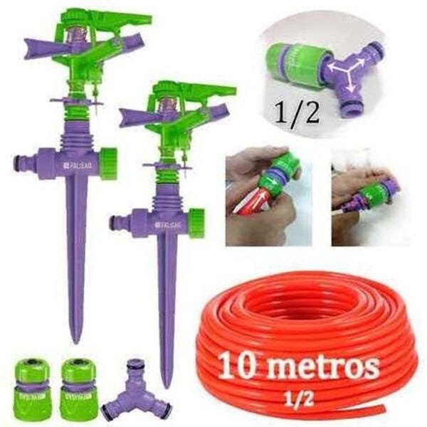 Kit 2 Irrigador Aspersor Jardim C/Conectores + 10M Mangueira - 1