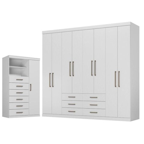 Guarda Roupa Casal 8 Portas 6 Gavetas Master e Cômoda Marabá Branco Brilho - Santos Andirá