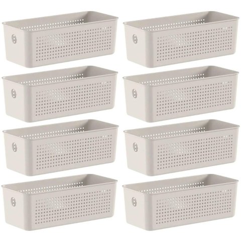 Kit 8 Cestos Caixa Organizadora 3l Flow Bege 27x12x9cm Closet Lavanderia Banheiro