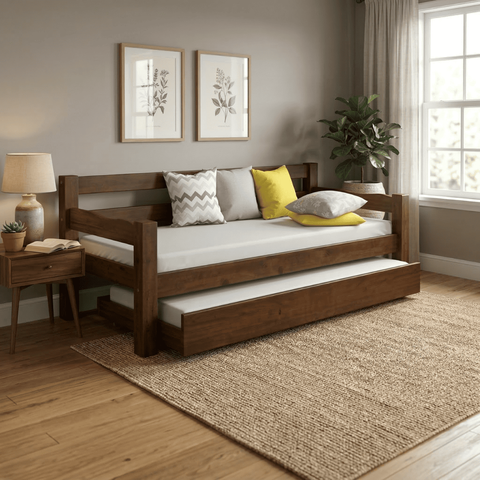 Bicama Solteiro Confort 100% Madeira Maciça com Cama Auxiliar e Rodízios - Castanho