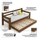 Ver imagem 5 de Bicama Solteiro Confort 100% Madeira Maciça com Cama Auxiliar e Rodízios - Castanho