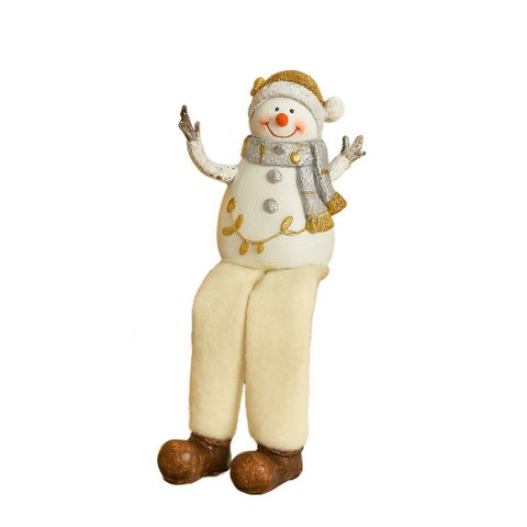 Boneco de Neve Decorativo Resina Sentado Branco e Dourado 18cm - Nataluz