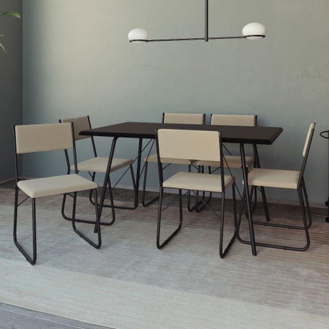 Mesa Jantar Paraty 150cm Tampo Preto com Cadeiras 6 Cadeiras Angra Estofadas Preta e Bege Preto