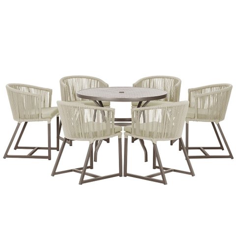 Mesa com 6 Cadeiras de Jantar Roma 120cm e Noronha em Alumínio Marrom Corda Náutica Estofado 7 Trama