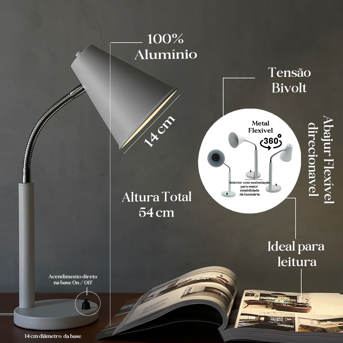 Abajur Branco Haste Metal Flexivel em Aluminio Soquete E27 Cone Tensao Bivolt - 2