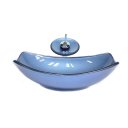 Ver imagem 1 de CUBA DE VIDRO OVAL CHANFRADA 51CM AZUL + VALVULA + TORNEIRA CASCATA