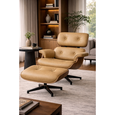 Poltrona Charles Eames com Puff - Couro Areia 258 - Imbuia