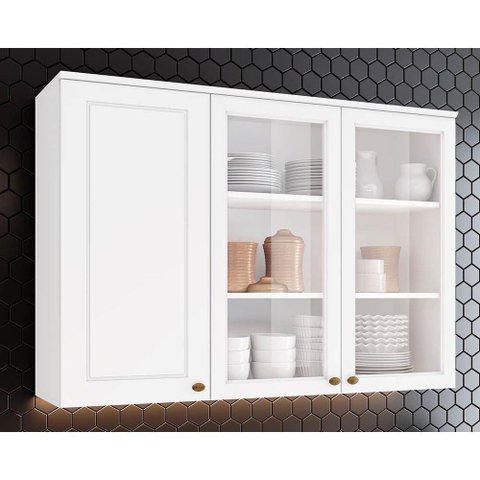 Armário Aéreo P/ Cozinha Americana 3 Portas de Vidro (2 C/ Vidro) 120cm Branco - Henn