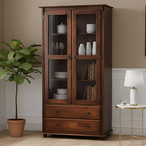 Cristaleira Rústica de Madeira 2 Portas e 2 Gavetas com Pés Torneados - Castanho Envelhecido