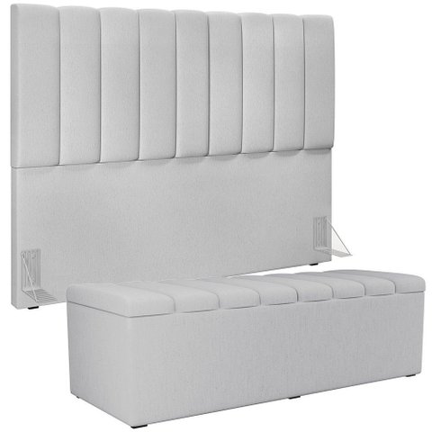 Kit Cabeceira Cama Box Queen 160cm com Calçadeira Baú Dália W01 Linho Cinza - Lyam Decor