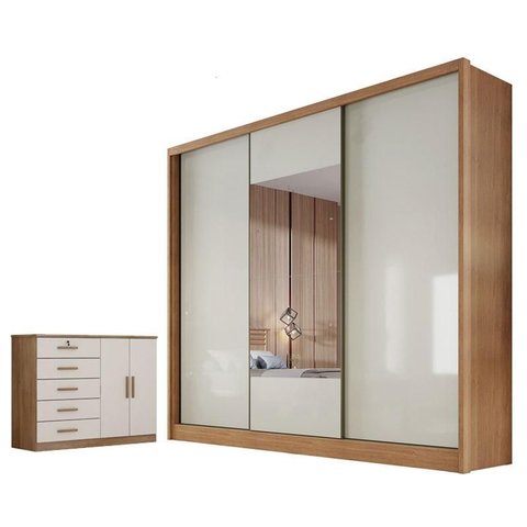 Guarda Roupa Casal Medelim com Espelho e Cômoda Seul Cumaru 25 Fendi - Novo Horizonte