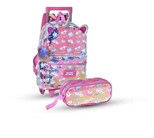 Kit Mochila Holográfica Unicórnio Com Rodinhas + Estojo - 1