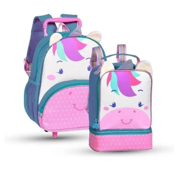 Kit Mochila Carrinho Infantil+Lanch Térmica Unicornio -Verde - 1