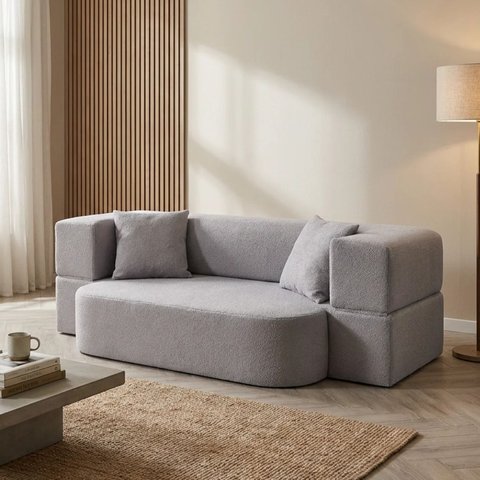 Sofá Cama 2 Lugares Bouclê Cinza 200cm