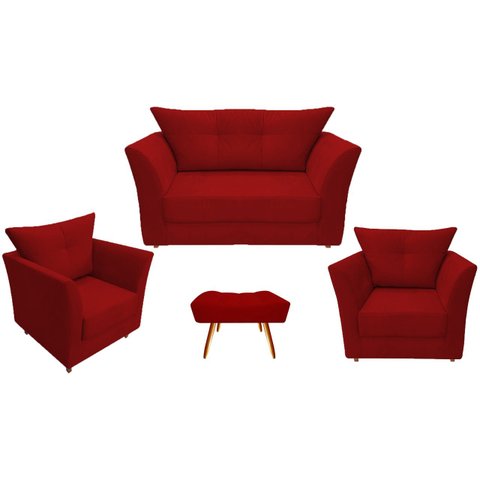 Kit Namoradeira + 2 Poltronas Decorativa Isis + 1 Puff Retangular Suede Vermelho Pés Madeira Ms Deco