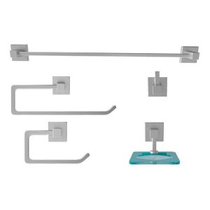 Kit Acessórios Banheiro Metal 5 Peças Luxo Quadrado Polido