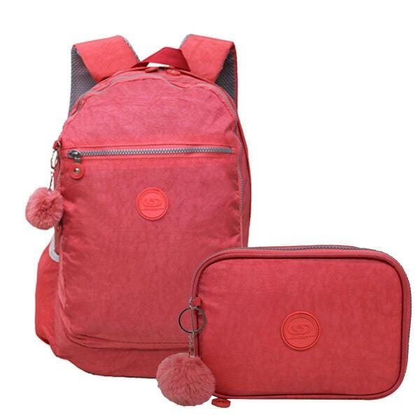 Kit Mochila Crinkle E Estojo Com Pompom Cor Goiaba Cruzeiro - 1